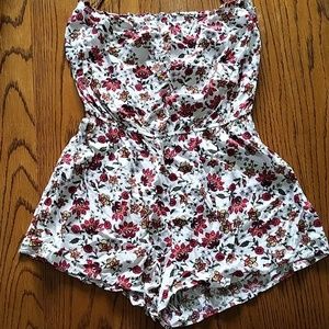 Cotton print strapless romper with pretty mustard